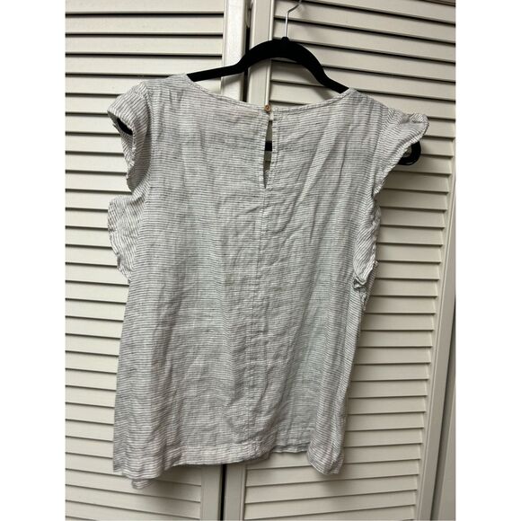 Catherine Malandrino 100% Linen Stripe Ruffle White Stripe Blouse, Sz Large + - Picture 4 of 8